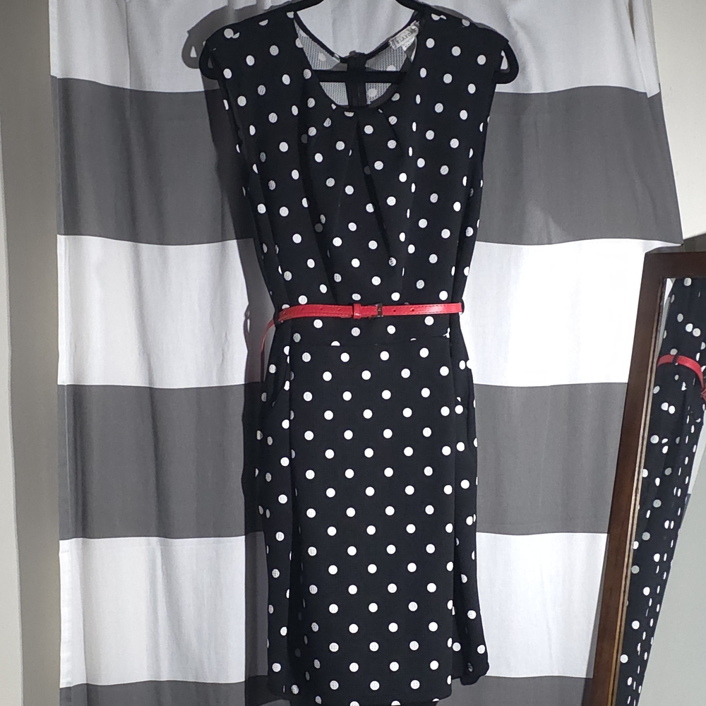 Polka Dot Black Dress with Red Belt